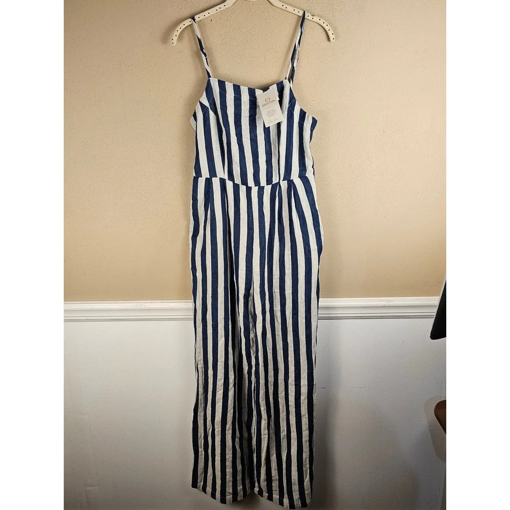 NWT‎ Brixton Womens Deep Sea Blue Striped Mykonos Wide Leg Jumpsuit Small